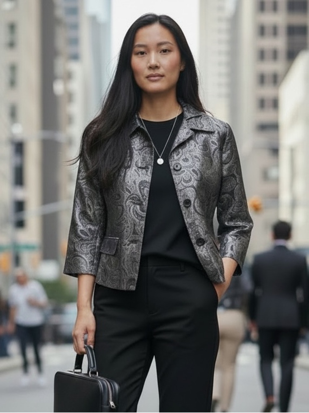 CHICOS BLACK & SILVER METALLIC SHIMMERING FORMAL ELEGANT BLAZER JACKET SZ 8-10